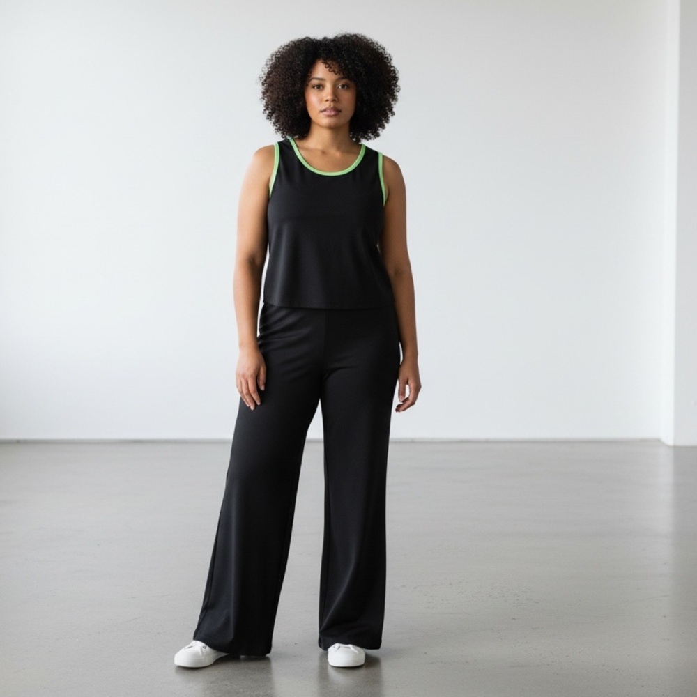 Misook Black Wide-Leg pants and tank top with Lime Trim